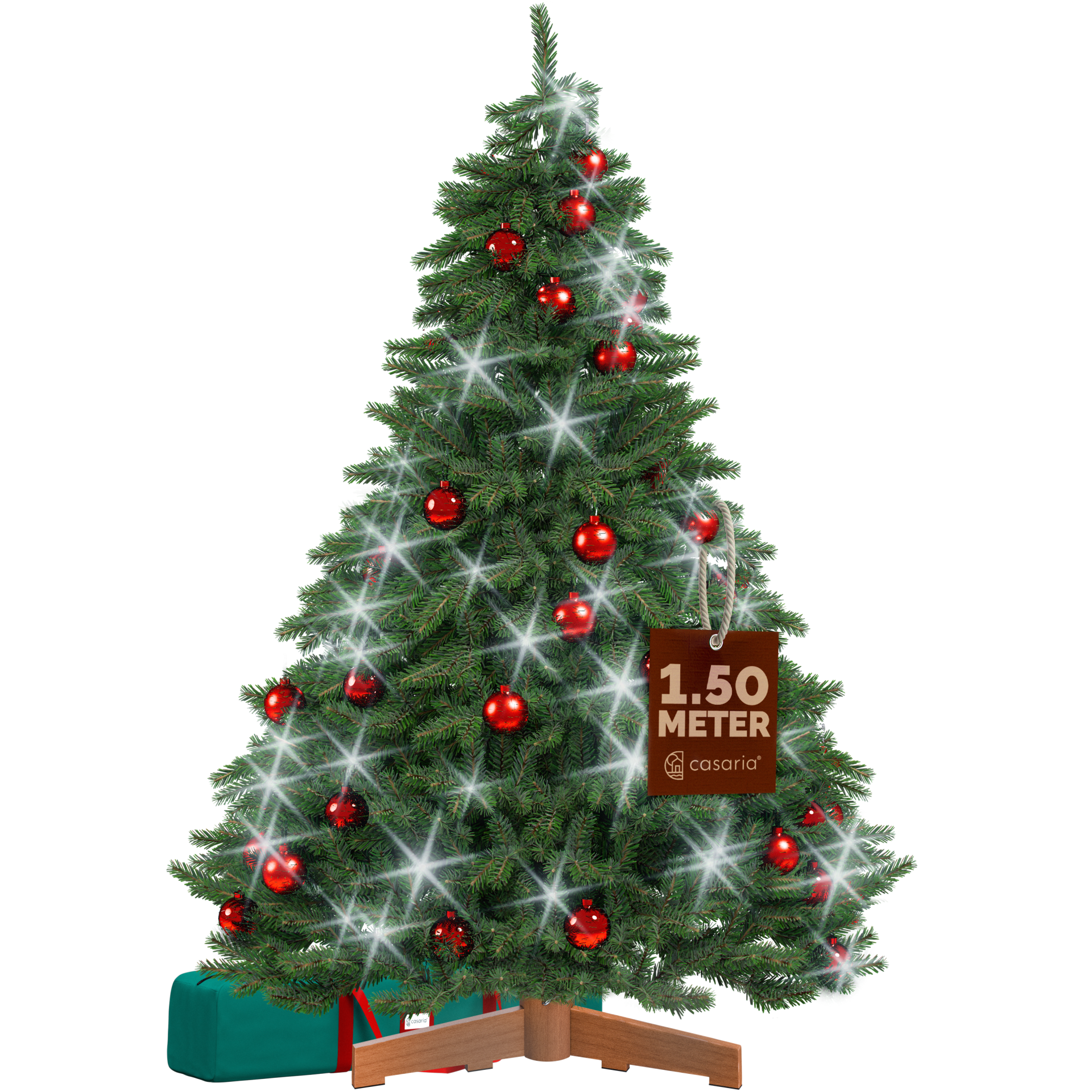 Künstlicher Weihnachtsbaum Premium 150cm + Kugeln Rot + Lichterkette kaltweiß